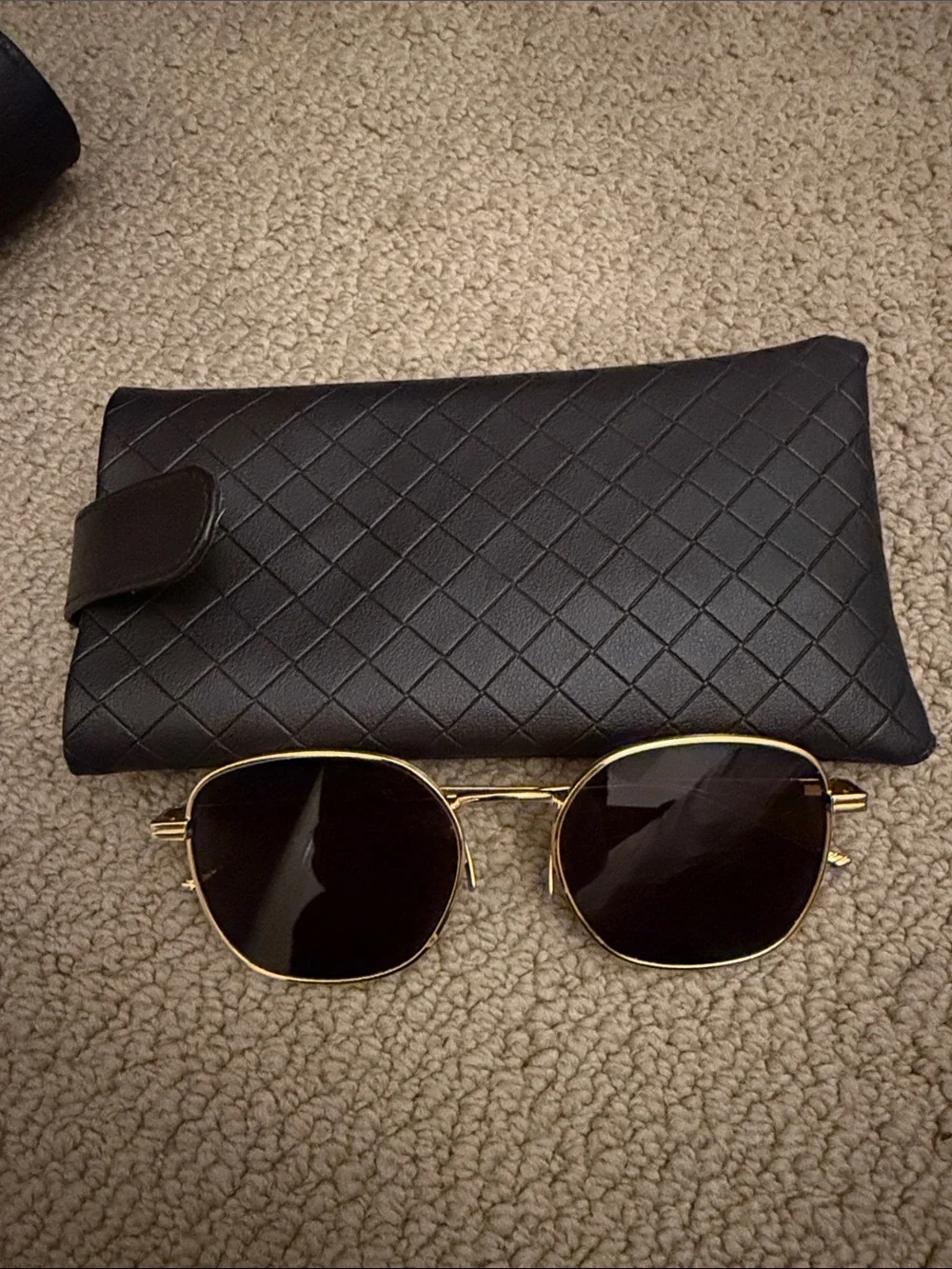 Bottega Veneta Black Quilted Case with Gold-Frame Sunglasses